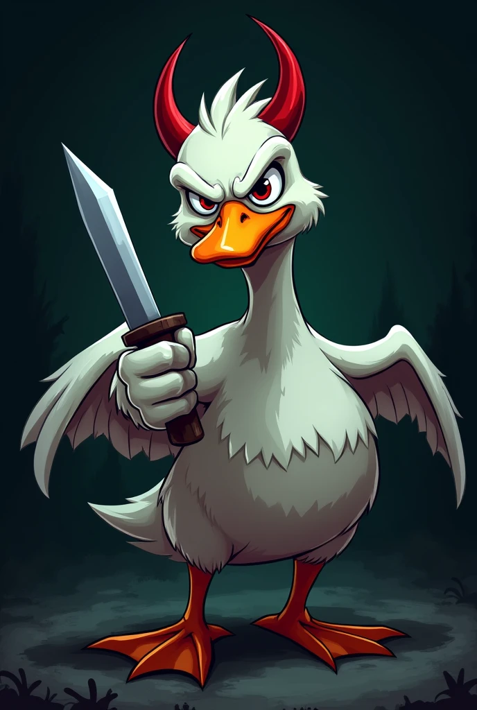 Serious cartoon goose with a knife in one wing, devil horns on head on dark background
