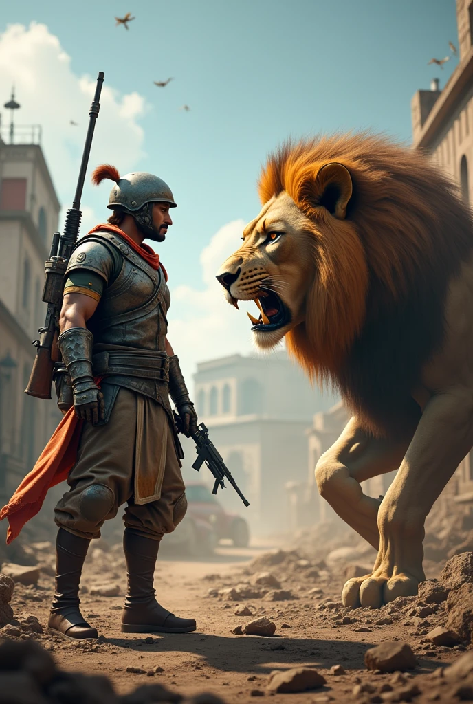 Lion face to face with a gladiator