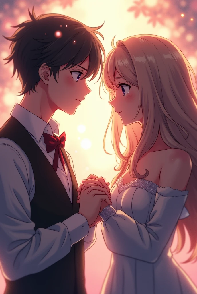 Anime scene: The heroine meets the hero in a dream,They experienced the moment of vows and promises together。Tears in my eyes,But never fell,Hold each other's hands tightly。