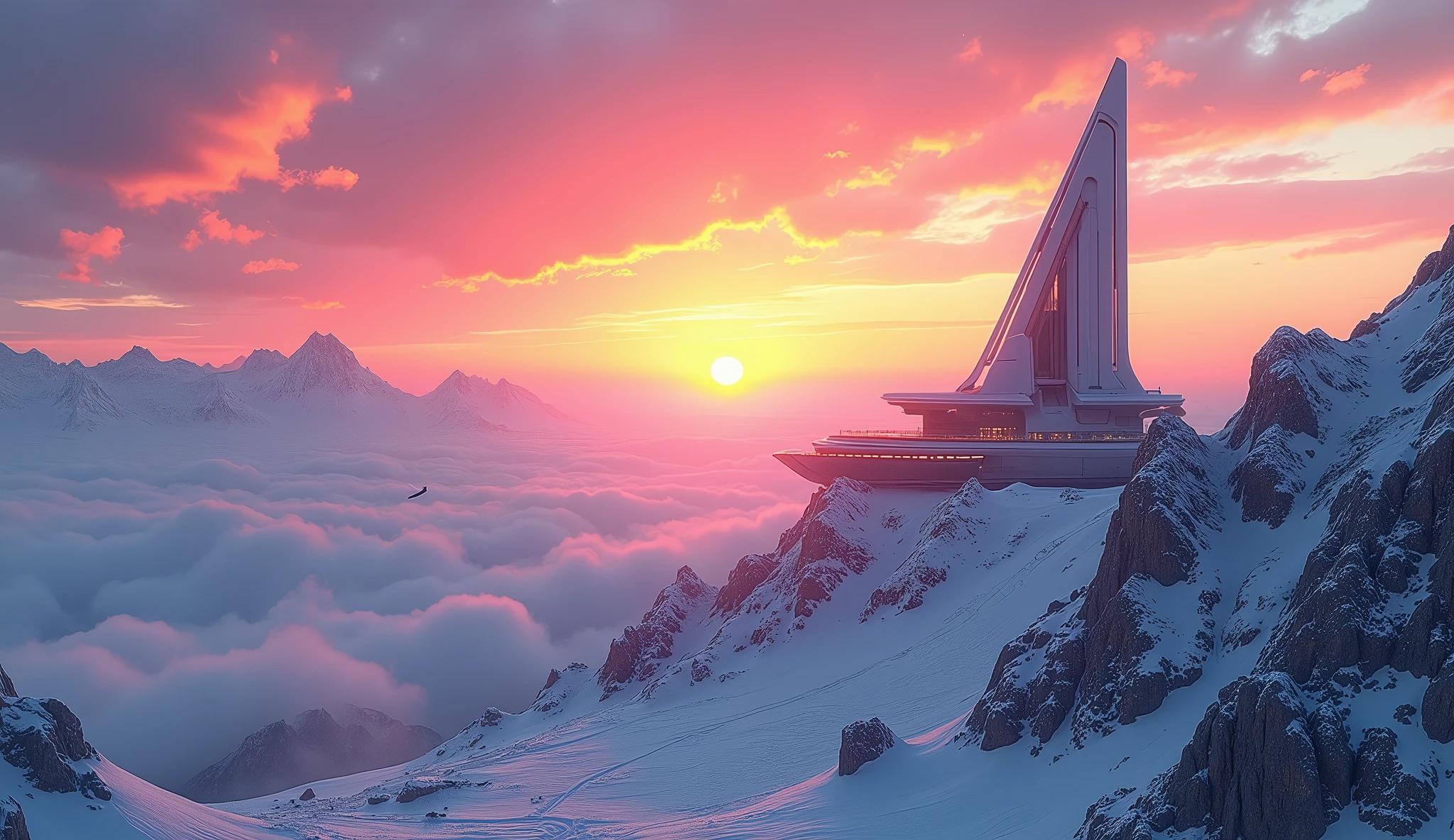 Wallpaper calm scene from mountains , realistic photo hdr , sunrise colored sky, scifi building on top of mountain in far distance, flying eagle in distance, epic scene
