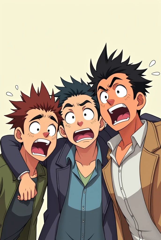 Three men with different hair styles are shocked in a funny way, anime