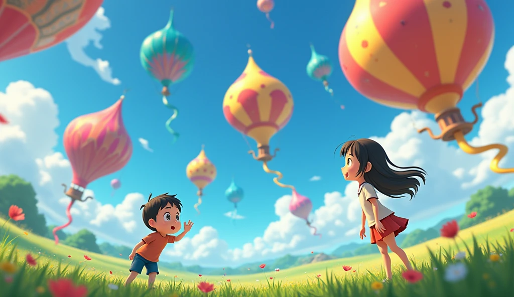 3d cartoon anime ;  Kiko wanted to believe Sam, but as she looked around at the giant kites, her confidence wavered. Still, she decided to try.