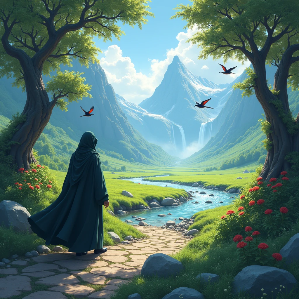 The land of immortality.
The cabuliwallah is walking , behind side, his features blurred, his entire body covered in a cloak. On one side of the road, there are trees of various sizes with flowers of different colors. On the other side of the road, there is a clear stream flowing over small and large stones, and beyond that, a vast green field. Small, colorful lovebirds are flying in the sky and sitting on the branches. In the distance, a waterfall cascades from the mountains.
"Make the person look like a man."
