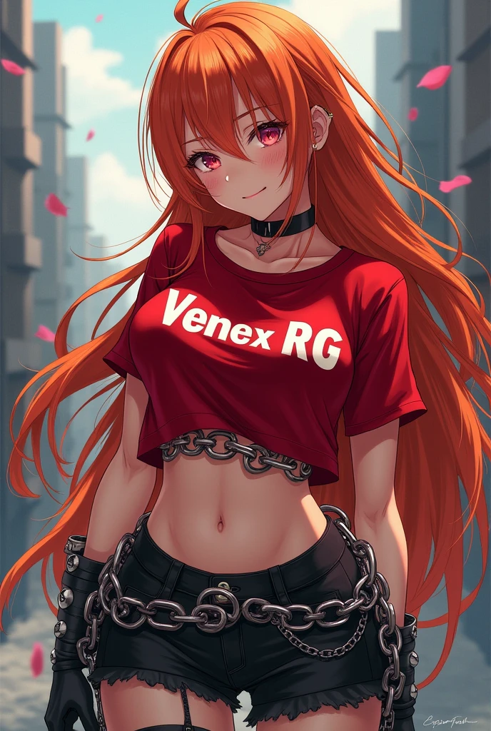 A half anime female character,with long ginger hair, with a shirt that says venex RG Red short, and chains on the waist with black gloves and chains on the hand and gray eyes
