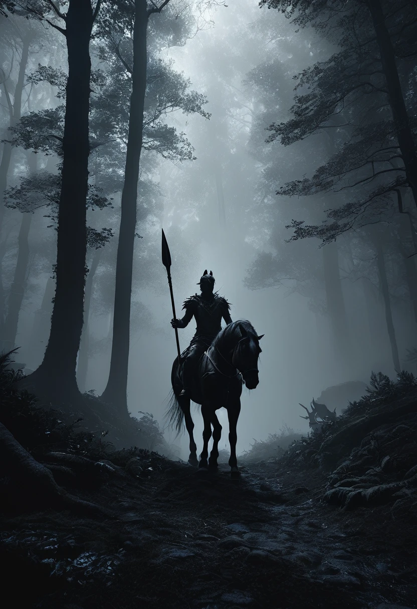 a centaur, half-human half-horse mythical creature, walking through a dimly lit, misty forest, holding a spear, monochrome, deep shadows, low angle shot, dramatic lighting, ancient relic, ethereal atmosphere, mystical, cinematic, highly detailed, intricate, award winning digital art, concept art, unreal engine, octane render, chiaroscuro, dark fantasy, fantasy landscape, moody, atmospheric