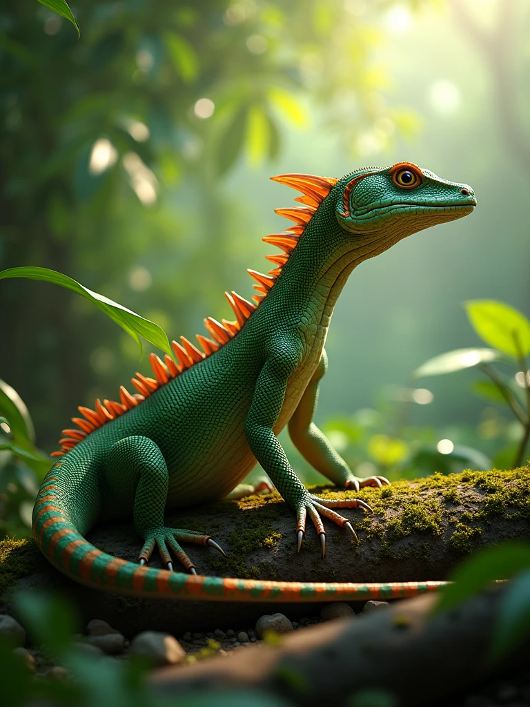 specialized reptile, green scaled, long, slender body, pointed snout, four legs, long tail, orange and black streaks, basking in the sunlight, lush jungle, humid, vibrant foliage, detailed, 8K, realistic, highres, HDR, UHD, studio lighting, ultra-fine painting, sharp focus, physically-based rendering, extreme detail description, professional, vivid colors, bokeh, focus on the intricate patterns on its scales.