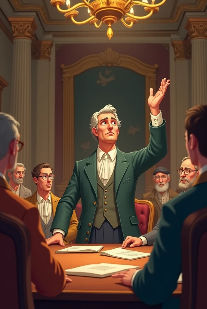 A writer raising his hand in a meeting. In the era of colonization. old animation