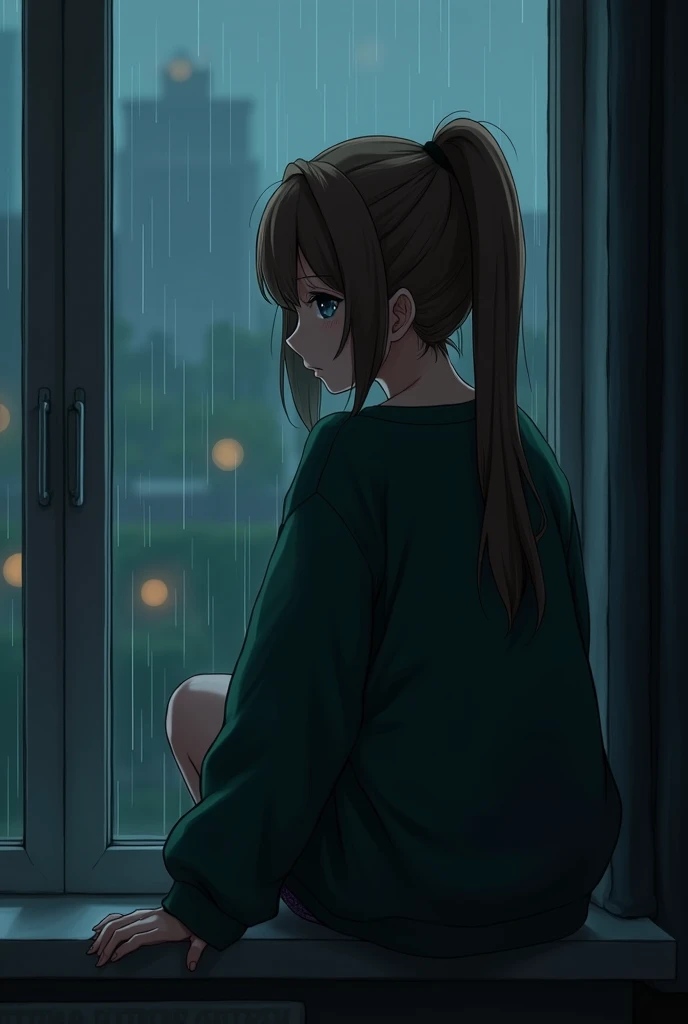 Create an anime-style image, Sad girl sitting by the window，Brown side ponytail，Dark green sweatshirt , dark light, Dark room, It&#39;s raining outside