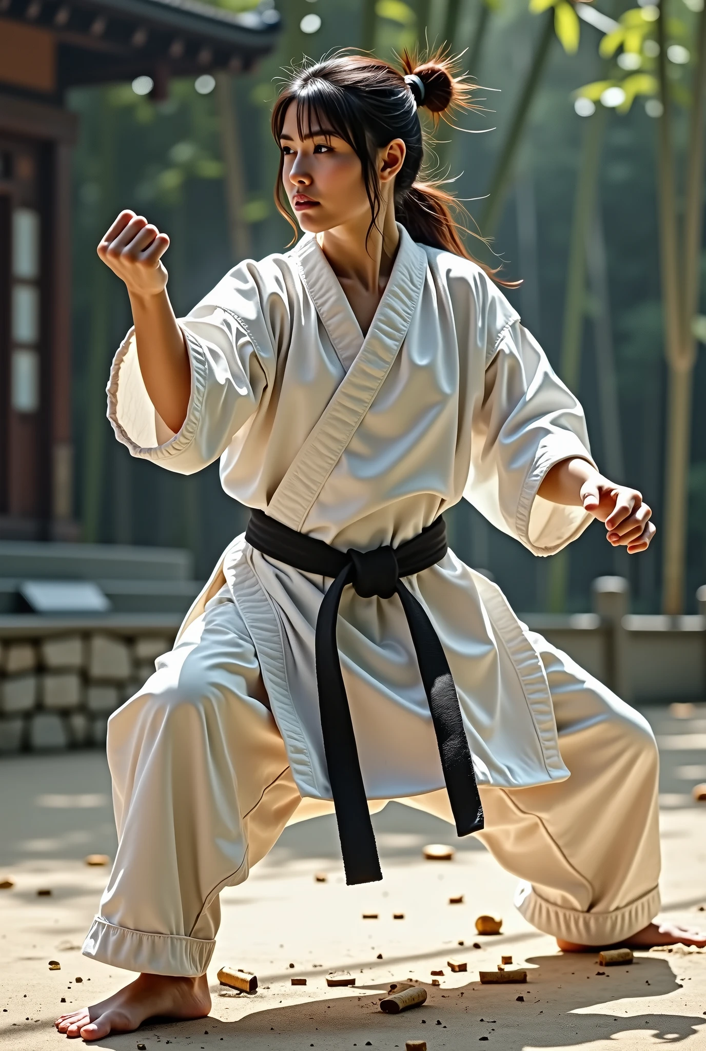 (((Have perfect anatomy、Carefully drawn limbs))),(((Capture the essence of the action、Don't miss the photo opportunity))),Beautiful Karateka Shiho,(A graceful hitting form with a low center of gravity),Japan's top athletes,A fluid and powerful core,(((He is wearing white long sleeves, Wearing a long-hem karate uniform、He proudly wears his well-worn black belt..))),Deep concentration,Martial Arts Master,Japan,Extreme Vacuum Hand,Accurate kicks and strikes,Splashes of sweat,Strength and discipline,defender of peace and justice,Sharp reflexes,Controlled breathing,Dojo training,Mental and physical balance,harmony of mind and body,Aiming for perfection,strategic combat,dynamic fighting techniques,Strong stance,rippling muscles,energetic punches and kicks,Focused gaze,Resolute expression,zen-like concentration,Split wooden boards skillfully and quickly,Well thought out training sessions,Strict discipline,competitive tournament,White on white color scheme,Karate Master,Karate as a way of life,Intense exercise,Energy explosion,Conscious Use,trip,Fierce determination,unwavering,Battle-hardened karate artist,bamboo forest,Destroy your opponent with precision,lead by example,Indomitable,Perfect technique execution,Embodying the essence of karate.Deep depth of field with the Nikon D5,F-stop 1.4. Shutter speed 500/1. Capture cinematic moments at ISO 100,