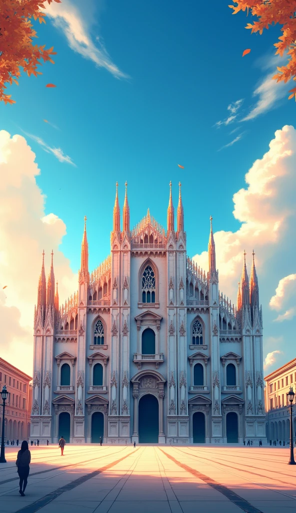 "Full front view of the Milan Cathedral in an anime style heavily inspired by Makoto Shinkai. The cathedral is depicted with intricate Gothic architecture, showcasing its towering spires, ornate statues, and detailed carvings on the facade, all rendered with fine lines and precise shading. The white marble of the cathedral reflects a warm, golden sunlight, creating a radiant and almost magical glow that highlights the fine textures and intricate details of the stonework.
The scene features a vibrant, clear sky in Shinkai's signature style, with dramatic blue gradients ranging from light azure near the horizon to deep sapphire above, interspersed with soft, fluffy clouds that capture the light in a photorealistic yet dreamlike manner. Sunbeams and light shafts break through the clouds, casting dynamic and soft shadows that play across the cathedral’s facade. Include subtle lens flares, sparkling light effects, and a bokeh effect in the foreground and background to enhance the ethereal quality.
Use vivid, saturated colors with a slight watercolor-like softness, blending warm golden hues of sunlight with cool blue and violet tones to create a harmonious yet striking color palette. Add reflections and subtle glimmers on the marble to enhance the sense of realism and depth. The piazza in front remains empty, allowing the majestic structure to dominate the scene, with delicate wind-swept particles or drifting leaves to add a sense of gentle motion and tranquility typical of Shinkai's atmospheric storytelling. The overall composition should evoke a sense of awe and serene beauty, capturing both the grandeur of the Milan Cathedral and the emotional, atmospheric style characteristic of Makoto Shinkai.