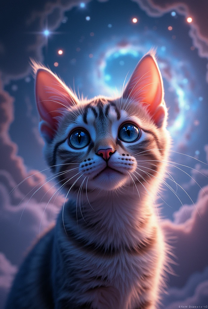 Close-up of a cat face, outer space in the background (stars and galaxies shining beautifully), space cat, large "!?" on the screen is written in large letters on the screen,
