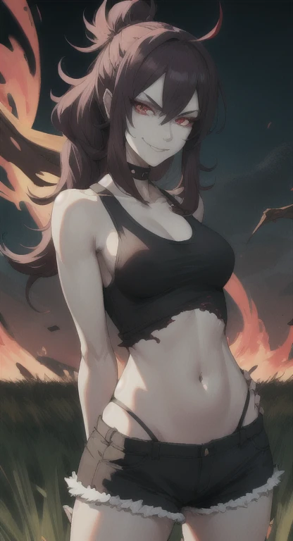 Glowing red eyes, malicious world eater, messy hair, smirking at viewer, field, tank top, shorts,