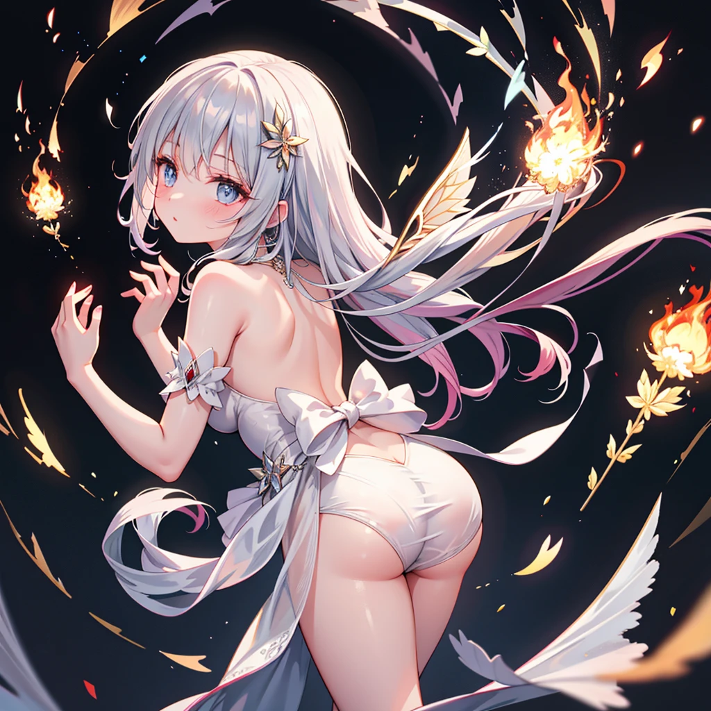 Demon King City、(8k, best quality, absurderes, A high resolution, Ultra detailed, hyper HD), Wide-angle, 2D anime, 1girl, Slender small breasts、spreading arms widely、Nasty smile、Soft silvery medium bob、Cute Beautiful Girl、Sparkling eyes、Small Bikini、No clothes