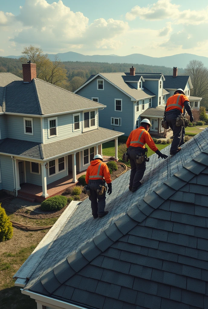 Men installing roofs on houses in the United States