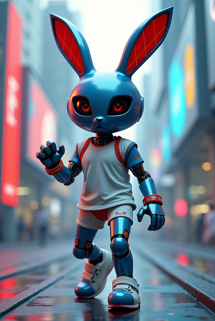 Base Concept**
- **Character Name:** Step Bunny - **classification:** Mechanical Rabbit 2. **Physical Features**
- **ear:** Red insole design。With metallic texture、Emphasise the technology。
- **body:** Slim and streamlined shape。Active and agile design。
3. **Clothing and style**
- **Costume:** A style based on sportswear。Adds a futuristic feel to T-shirts and shorts while still allowing for ease of movement。
- **accessories:** Colorful bracelets and headbands。ブランドロゴをaccessoriesの一部として組み込み、Achieve visual brand alignment。
4. **color**
- **main color:** Blue or silver(Creating a mechanical feel)
- **accent color:** Red(インソールearやaccessoriesに使用)
5. **Target Audience**
- **Age range:** 30th Generation〜Making it relatable to people in their 50s - **Activity:** People who like exercise々Designed for people who spend a lot of time standing