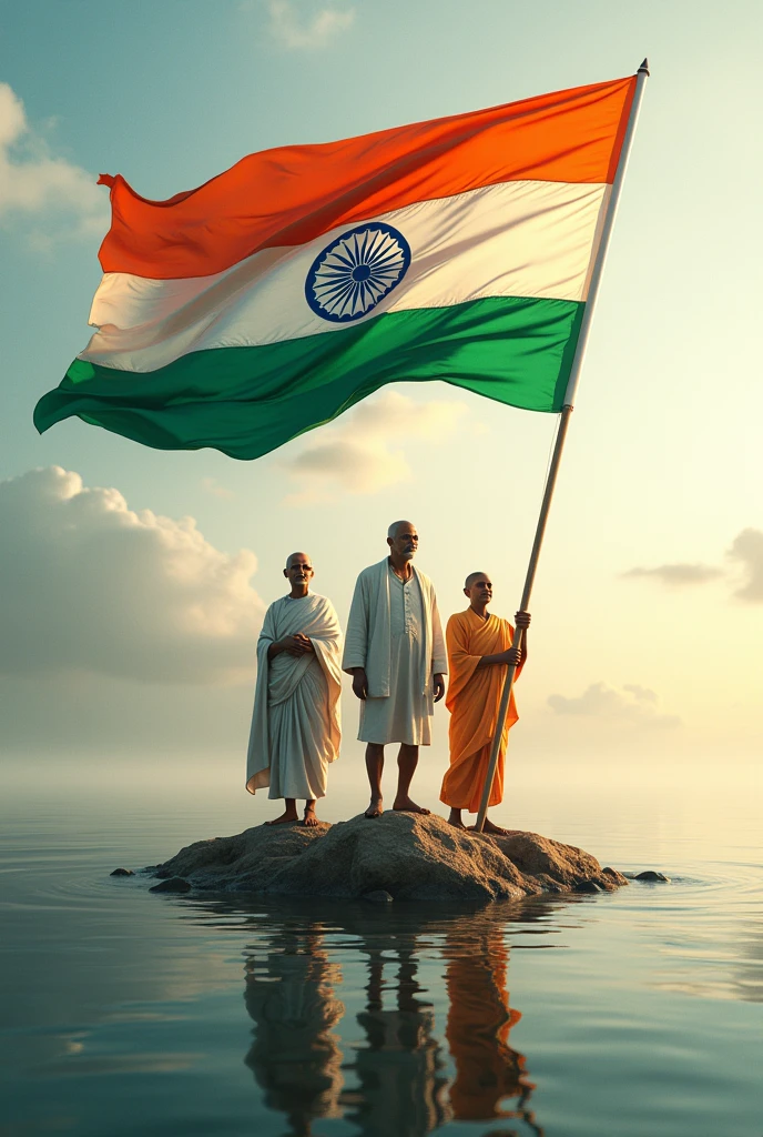 Generate a photo of tricolour Indian national flag is in air medium, water medium, land medium and in that photo also have Mahatma Gandhi, Subash Chandra Bose, Bhagat singh