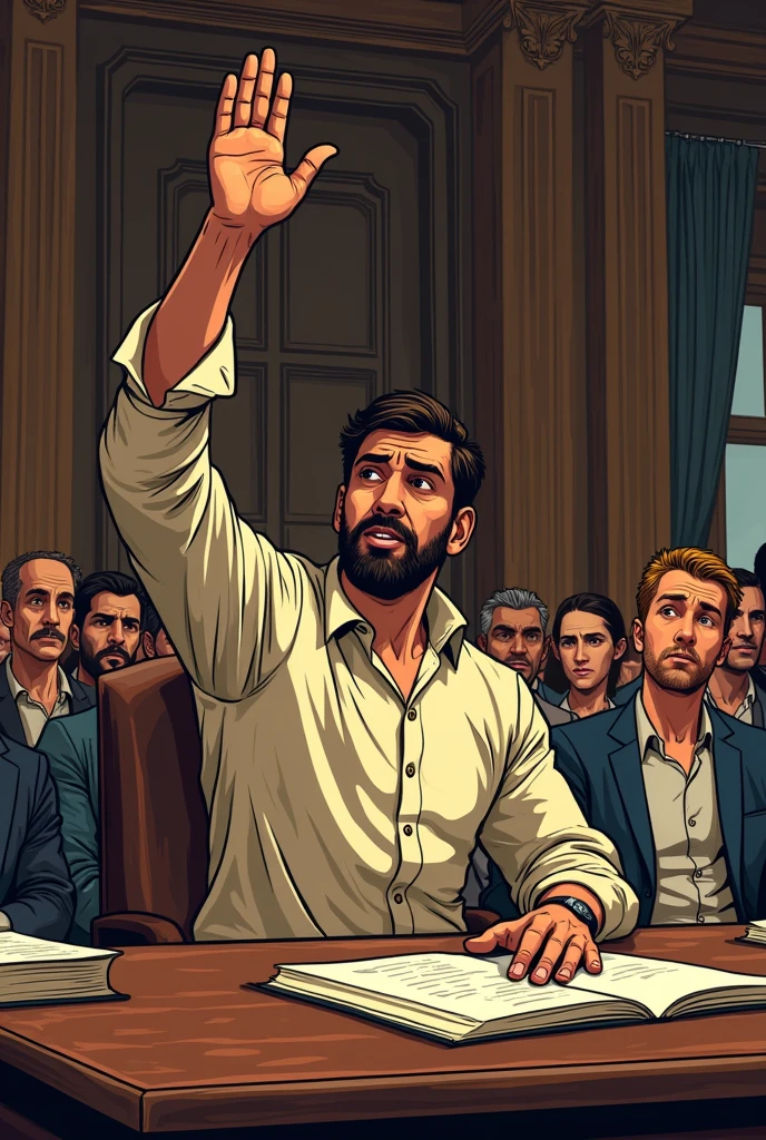 A writer raising his hand in a meeting. In the era of colonization. Old comic animation