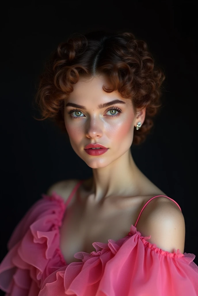 arafed woman with a curly haircut and a pink dress, inspired by George Hurrell, color portrait, soft portrait shot 8 k, soft portrait, inspired by Delphin Enjolras, up face with 1 9 2 0 s hairstyle, a still of an ethereal, inspired by Henryk Siemiradzki, 8k portrait render, 8k portrait, detailed intricate fabric texture, (charcoal black theme:1.3), spiral patterns, body freckles, bright, high quality image, masterpiece, detailed hair texture, detailed skin texture, detailed cloth texture, 8k, add fabric details, ultra detailed skin texture, ultra detailed photo, skin pores, cloth details, high skin details, realistic hair details, (8K, RAW photo, best quality, masterpiece:1.2), (realistic, photo-realistic:1.4), ultra-detailed (grainy:0.2)