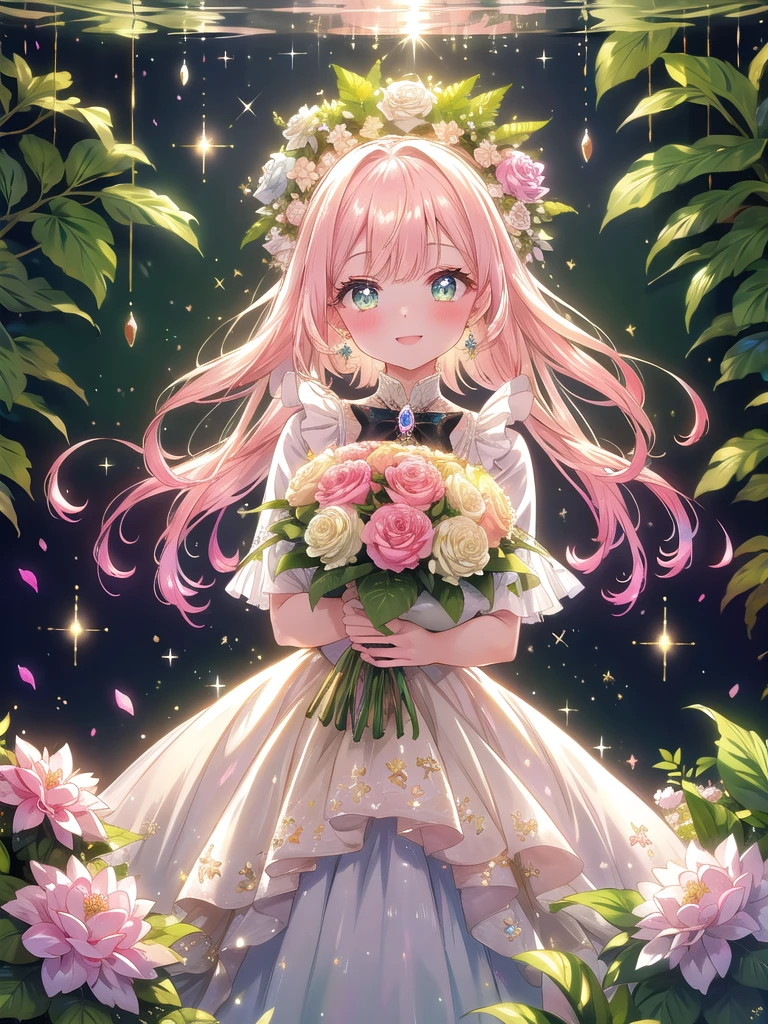 ((8k, Highest quality, masterpiece: 1.3)),Ultra-high resolution,(1 girl, alone), (Color changing eyes, Ultra-detailed, Expressive brilliance, Glitter, Glowing Eyes), Highly detailed eyes, Highly detailed face, Random Hair, ((pastel colour))Visualize a woman standing in a grand, sunlit greenhouse filled with exotic plants and blooming flowers. She holds an extravagant bouquet overflowing with deep pink peonies, white hydrangeas, and cascading greenery, wrapped in sheer blush organza with golden accents. The bouquet is lavish, large enough to obscure part of her torso, creating an overwhelming sense of abundance and joy. She’s dressed in an elegant ivory blouse with subtle ruffles at the neckline and a fitted sage green pencil skirt, exuding modern sophistication. Her hair is styled in soft, voluminous curls that frame her glowing face. Facing the camera, she beams with a radiant, heartfelt smile, her eyes sparkling as if sharing in the delight of the moment. She presents the bouquet forward with both hands, slightly bending at the waist, her body language exuding a joyful and celebratory vibe. The background includes towering ferns, vibrant blooms, and sunlight streaming through the glass, with soft, magical sparkles that add a whimsical touch to the lush and vibrant setting.