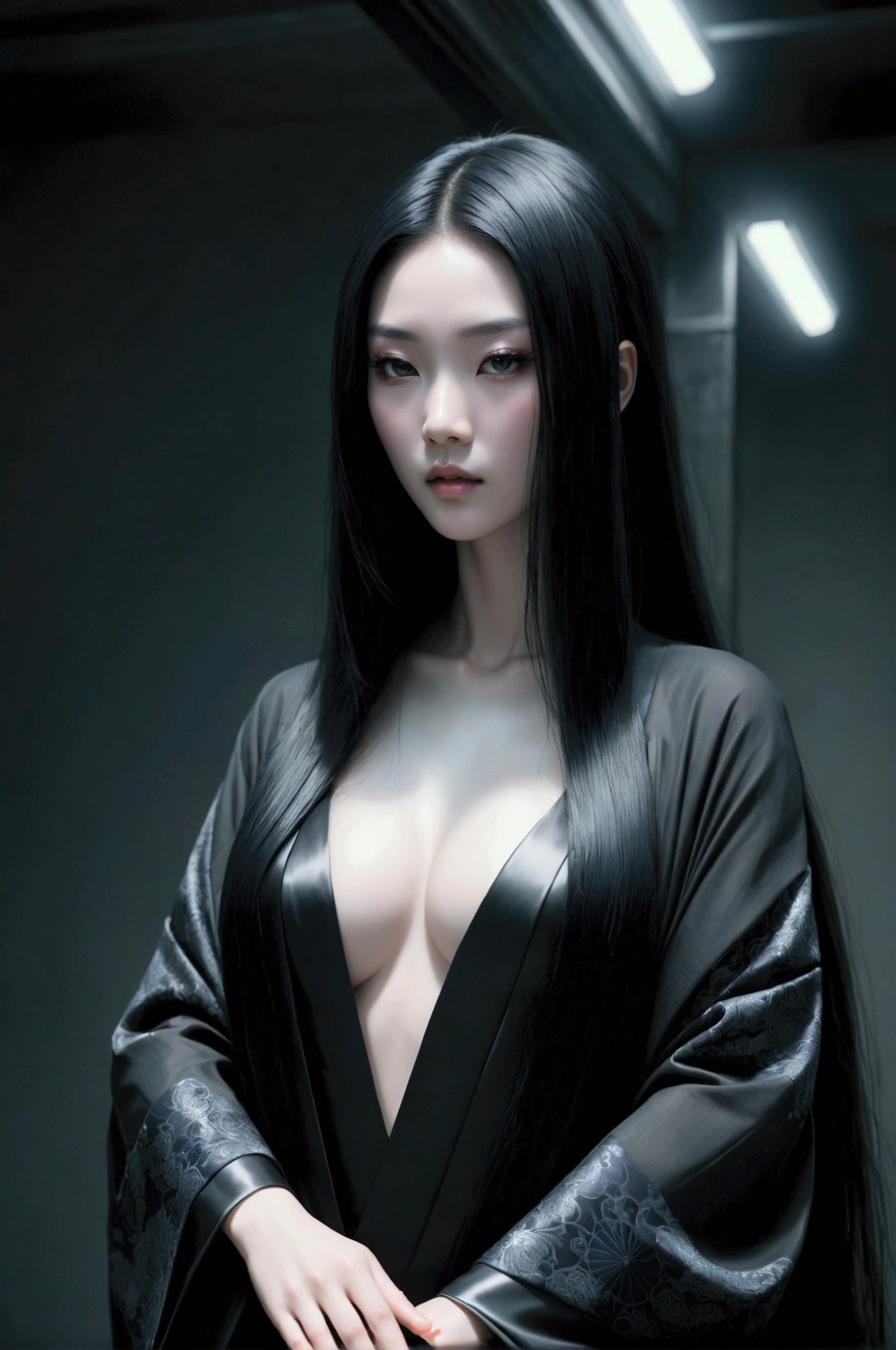 dark techno, cyberpunk,「Realistic image of a Asia Model She is elegant, pale, Perfect and long skin, Flowing black hair that blends with the surrounding shadows. Her kimono is exquisite and meticulous down to the last detail.., dark, Relaxing dark blue and black tones, Exquisitely decorated, Negative patterns that indicate a connection to the supernatural.