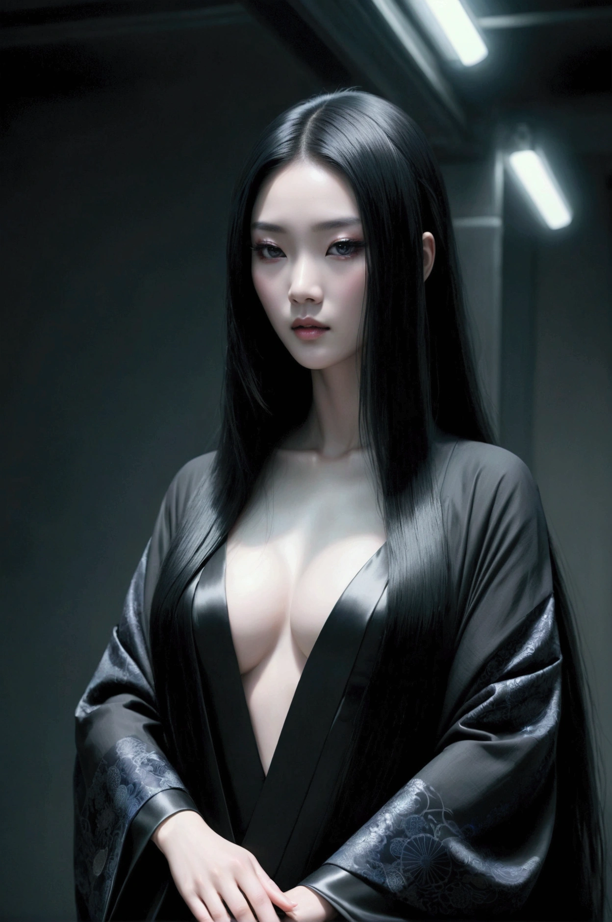 dark techno, cyberpunk,「Realistic image of a Asia Model She is elegant, pale, Perfect and long skin, Flowing black hair that blends with the surrounding shadows. Her kimono is exquisite and meticulous down to the last detail.., dark, Relaxing dark blue and black tones, Exquisitely decorated, Negative patterns that indicate a connection to the supernatural.