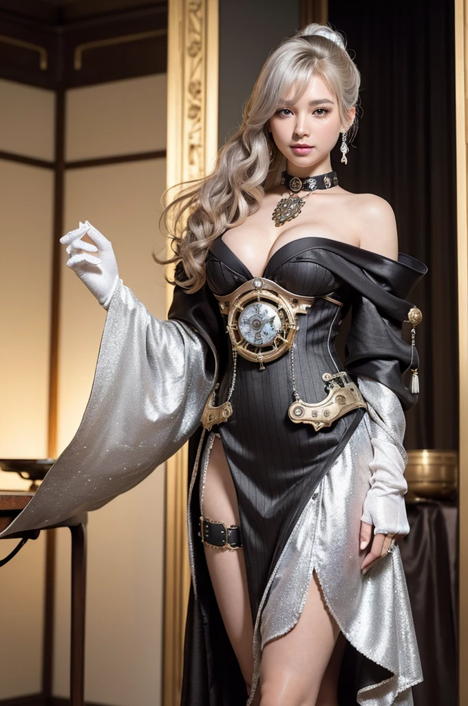 Woman portrait、Highest quality、8k, clear, Fine skin、Clear, beautiful eyes、The beauty of a smile、Bright beautiful face、whole body、Curly Hair、My hair was messed up by the wind、(Big Tits、Muscular、tall),(Hip_superior, Hip superior), Beauty,( Watching the audience),Realistic, High resolution, Soft Light,1 female, One person,(Champagne gold hair),ponytail,bangs,Fine Skin, Naughty look,((Open-neck steampunk kimono,medallion,Mature Woman,white dress shirt)),steampunk style、Costumes decorated with lots of gear and watches,(Silver and black stripes,Sailor-style armor with collar)、Beautiful Steampunk Guild Staff Costume Banker Uniform,(Silver and black mech,Silver Steampunk Kimono, High leg,Beads,elbow gloves、Gemstone Helmet,Luxurious obi,Lavish decoration)、((arms behind back)),(bokeh),(studio lighting)