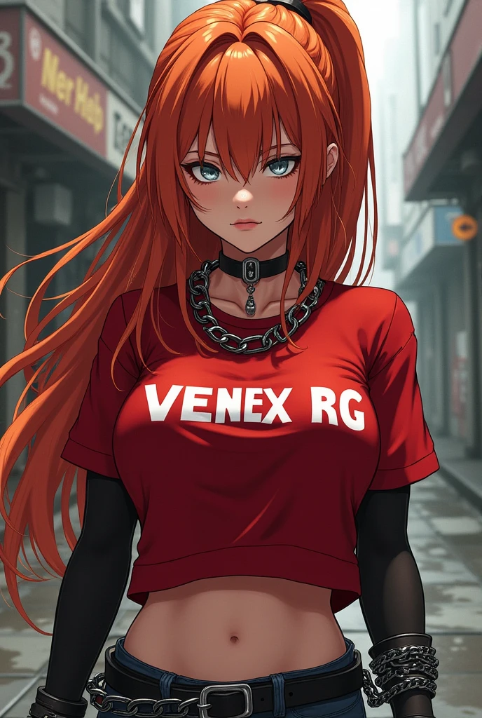 A half anime female character,with long ginger hair, with a shirt that says venex RG Red short, and chains on the waist with black gloves and chains on the hand and gray eyes with a pose
