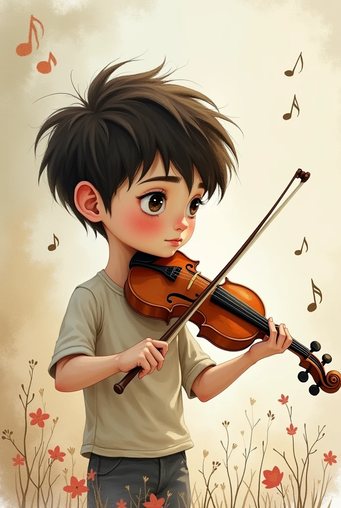 Drawing of a boy with an eboy haircut and big eyes playing the violin