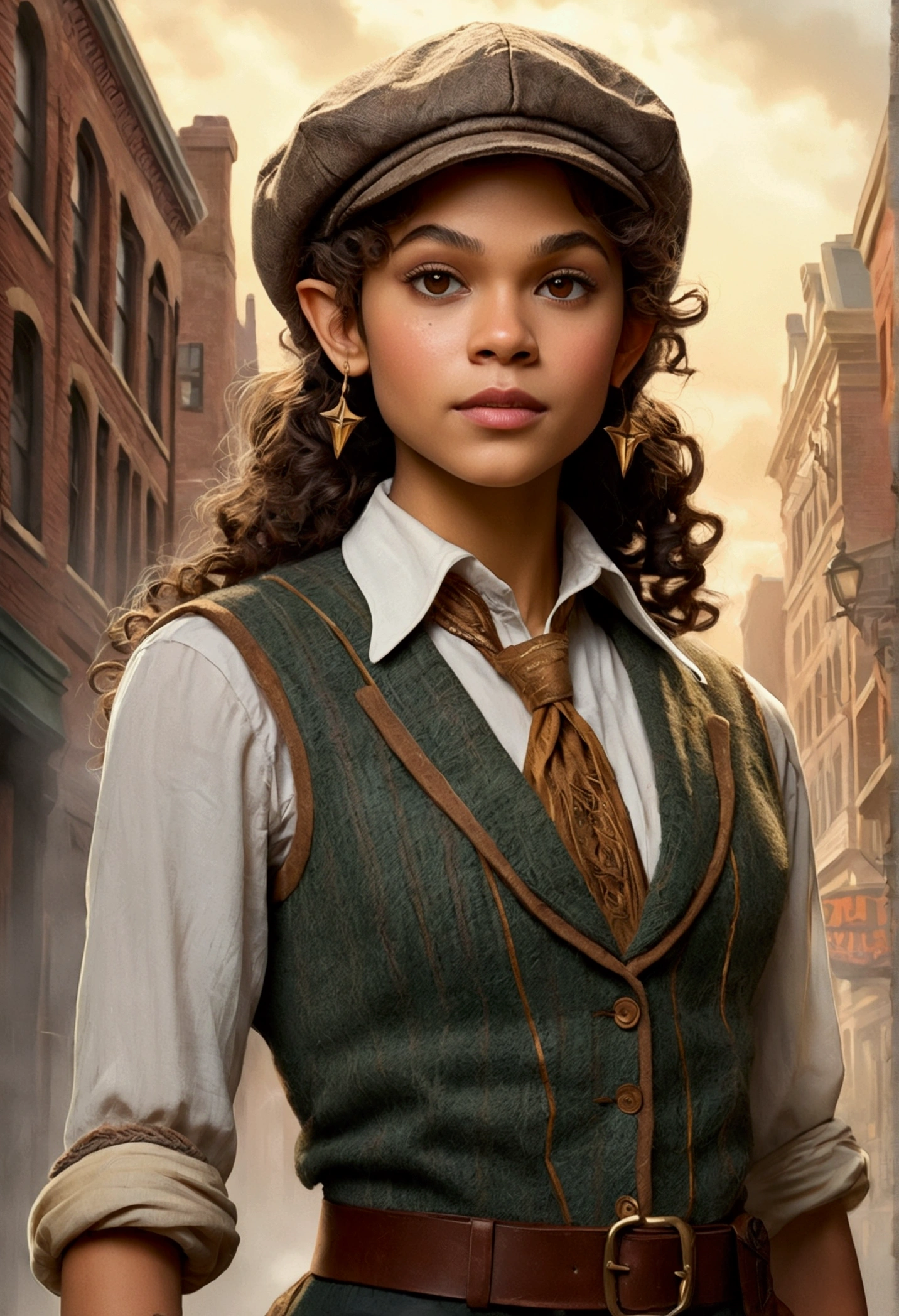 An illustrated movie poster, hand-drawn, full color, an elven maiden, wearing a tweed vest and a newsie cap, tall, toned, amazonian stature, athletic hourglass figure, long pointy elf ears, amber eyes, dark hair, curly bob cut, warm almond skintone, freckles, resembles Zendaya, standing on a foggy Victorian-era street corner, graphite shading, stencil marks, airbrushed acrylic paint, masterpiece, elf ears