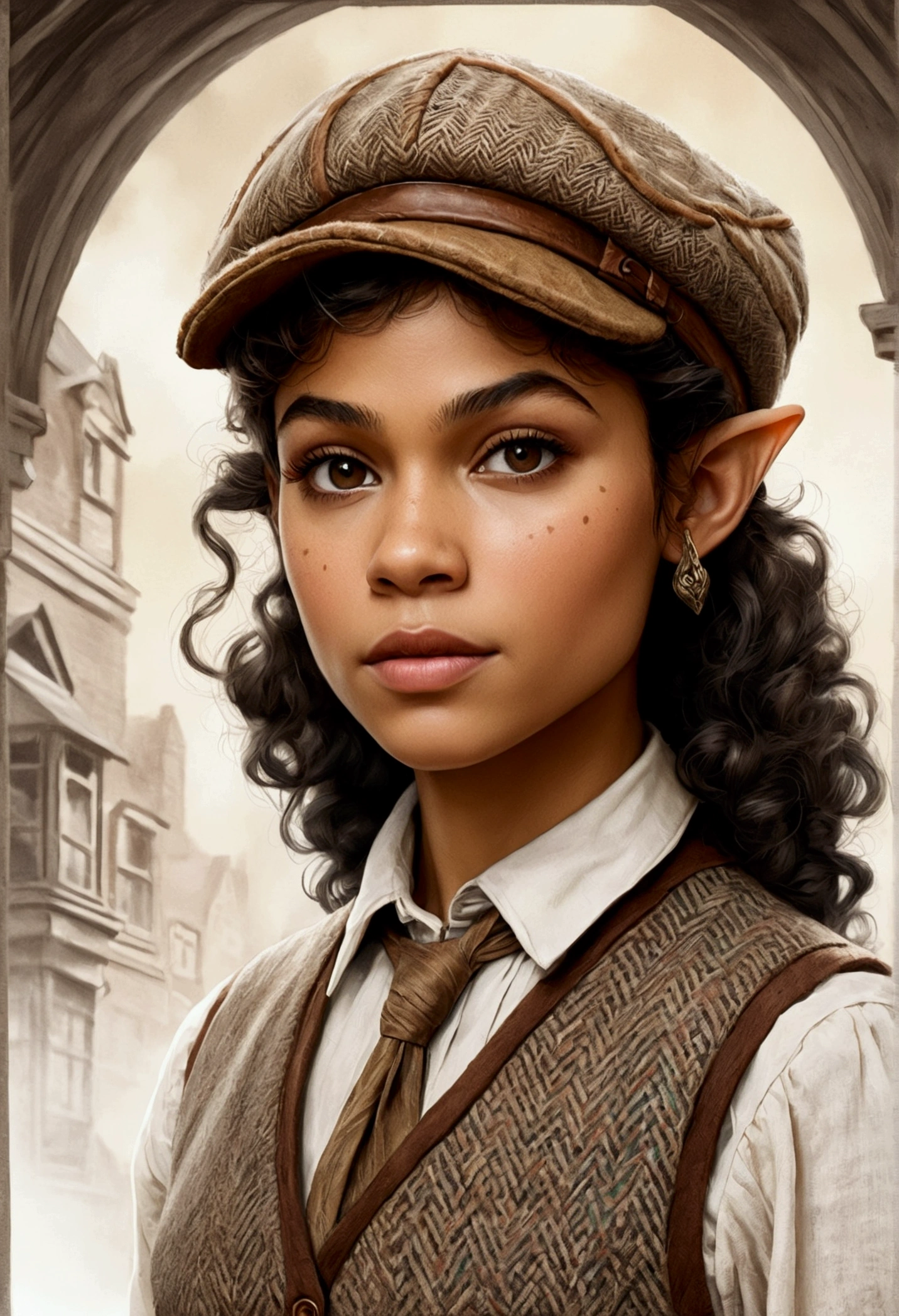 An illustrated movie poster, hand-drawn, full color, an elven maiden, wearing a tweed vest and a newsie cap, tall, toned, amazonian stature, athletic hourglass figure, long pointy elf ears, amber eyes, dark hair, curly bob cut, warm almond skintone, freckles, resembles Zendaya, standing on a foggy Victorian-era street corner, graphite shading, stencil marks, airbrushed acrylic paint, masterpiece, elf ears