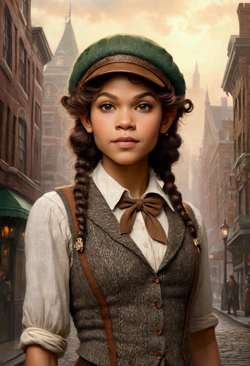 An illustrated movie poster, hand-drawn, full color, an elven maiden, wearing a tweed vest and a newsie cap, tall, toned, amazonian stature, athletic hourglass figure, long pointy elf ears, amber eyes, dark hair, curly bob cut, warm almond skintone, freckles, resembles Zendaya, standing on a foggy Victorian-era street corner, graphite shading, stencil marks, airbrushed acrylic paint, masterpiece, elf ears