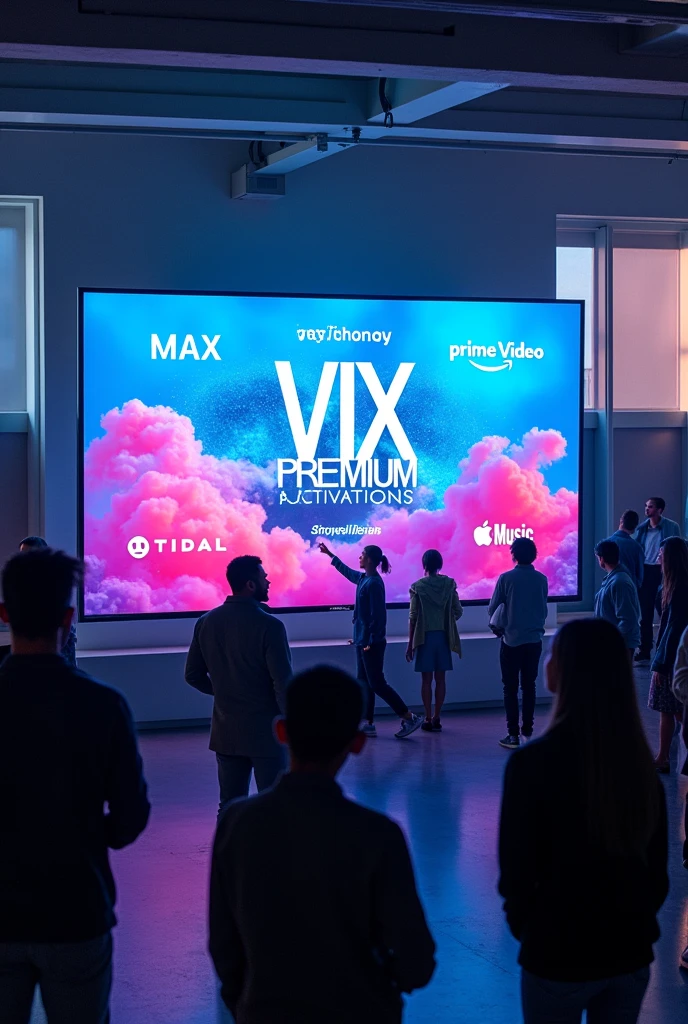 3D TV with people around and in the background that says vixpremium activations, Max, PrimeVideo, Tidal, apple music
