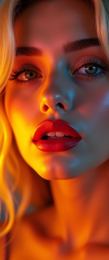 (masterpiece, best quality:1.2), intricate details, centered,  fullbody selfie, ring light reflection, light reflection in eye, round light, red light, ringlightselfie, 1girl,solo,looking at viewer,open mouth (moan),blonde hair,bare shoulders,brown eyes,teeth,choker,red lips,black choker,,freckles,realistic,nose, big natural breasts