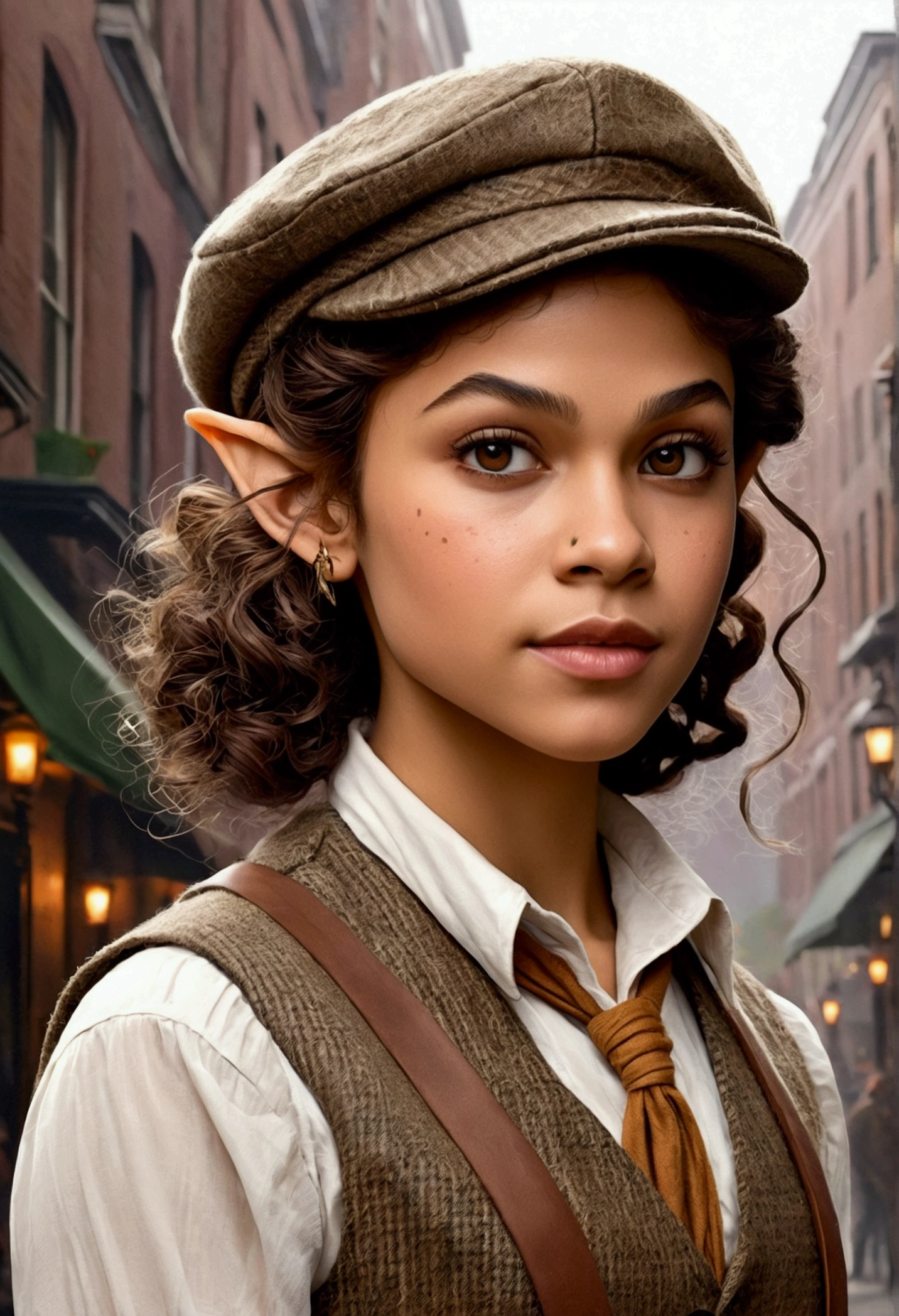 An illustrated movie poster, hand-drawn, full color, an elven maiden, wearing a tweed vest and a newsie cap, tall, toned, amazonian stature, athletic hourglass figure, long pointy elf ears, amber eyes, dark hair, curly bob cut, warm almond skintone, freckles, resembles Zendaya, standing on a foggy Victorian-era street corner, graphite shading, stencil marks, airbrushed acrylic paint, masterpiece, elf ears