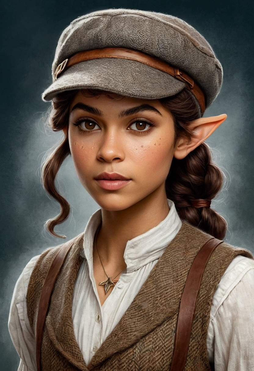 An illustrated movie poster, hand-drawn, full color, an elven maiden, wearing a tweed vest and a newsie cap, tall, toned, amazonian stature, athletic hourglass figure, long pointy elf ears, amber eyes, dark hair, curly bob cut, warm almond skintone, freckles, resembles Zendaya, standing on a foggy Victorian-era street corner, graphite shading, stencil marks, airbrushed acrylic paint, masterpiece, elf ears