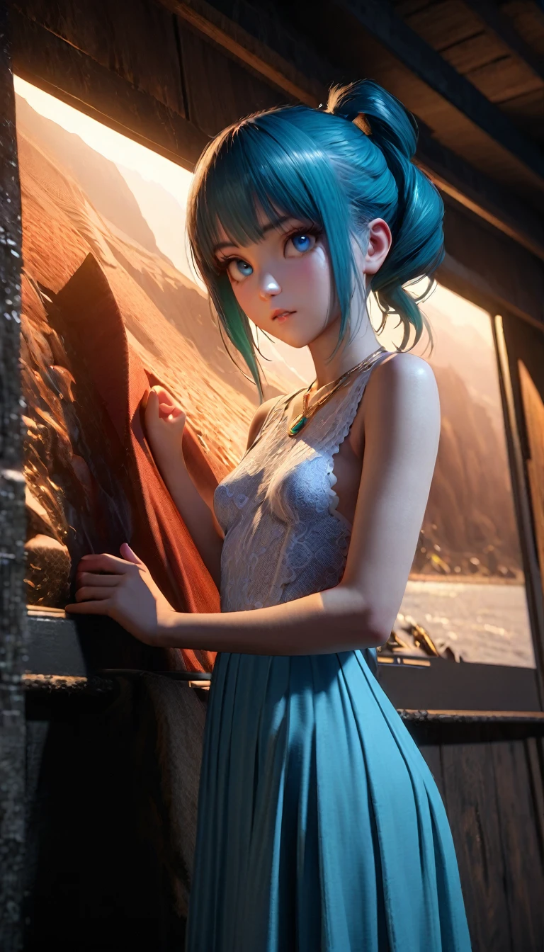masterpiece,Game Art,Best picture quality,Maximum resolution,8k,(Upper Body),Unreal Engine 5 rendering works,Ray Tracing,RAW photos,(((Half of the face is mechanical))), (((Tosca Hair Color))), ((Long double ponytail hairstyle)), Enjoy the scenery, Focus on the Horizon, (((Perfect eyes))), (((sneer))), 2 girl, Perfect body, (((Perfect anatomical structure))), Tosca Eye Color, Double eyelids, (((Small breasts))), Very detailed skin texture, (Realistic skin), Ultra-fine face, Delicate lips, (((Delicate eyes))), (((Double eyelids))), necklace, Moist skin, Wet hair, Simple background, (Front focus), (On the peaks:1.2), (((Night Atmosphere))), Deep Dark, Surrealist Portraits of Women by David Hockney and Alphonse Mucha, Fantasy Art, (((Photo-realistic))), ((Dynamic poses)), (((World Model Poses))), Dynamic Lighting, Art Station, poster, Volumetric Lighting, Very detailed faces, 4K, in the darkness, (((Night Atmosphere))), ((Deep Shadows)), Low profile, Cowboy shooting, (((Red long skirt))), Lighting Dress, (((Erotic lace dress))), (((stocking))),((3D Unreal Engine)),OC rendering reflection mode