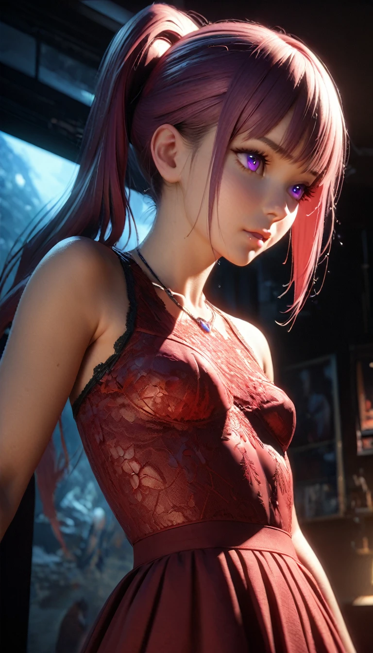 masterpiece,Game Art,Best picture quality,Maximum resolution,8k,(Upper Body),Unreal Engine 5 rendering works,Ray Tracing,RAW photos,(((Half of the face is mechanical))), (((Tosca Hair Color))), ((Long double ponytail hairstyle)), Enjoy the scenery, Focus on the Horizon, (((Perfect eyes))), (((sneer))), 2 girl, Perfect body, (((Perfect anatomical structure))), Tosca Eye Color, Double eyelids, (((Small breasts))), Very detailed skin texture, (Realistic skin), Ultra-fine face, Delicate lips, (((Delicate eyes))), (((Double eyelids))), necklace, Moist skin, Wet hair, Simple background, (Front focus), (On the peaks:1.2), (((Night Atmosphere))), Deep Dark, Surrealist Portraits of Women by David Hockney and Alphonse Mucha, Fantasy Art, (((Photo-realistic))), ((Dynamic poses)), (((World Model Poses))), Dynamic Lighting, Art Station, poster, Volumetric Lighting, Very detailed faces, 4K, in the darkness, (((Night Atmosphere))), ((Deep Shadows)), Low profile, Cowboy shooting, (((Red long skirt))), Lighting Dress, (((Erotic lace dress))), (((Red stockings))),((3D Unreal Engine)),OC rendering reflection mode