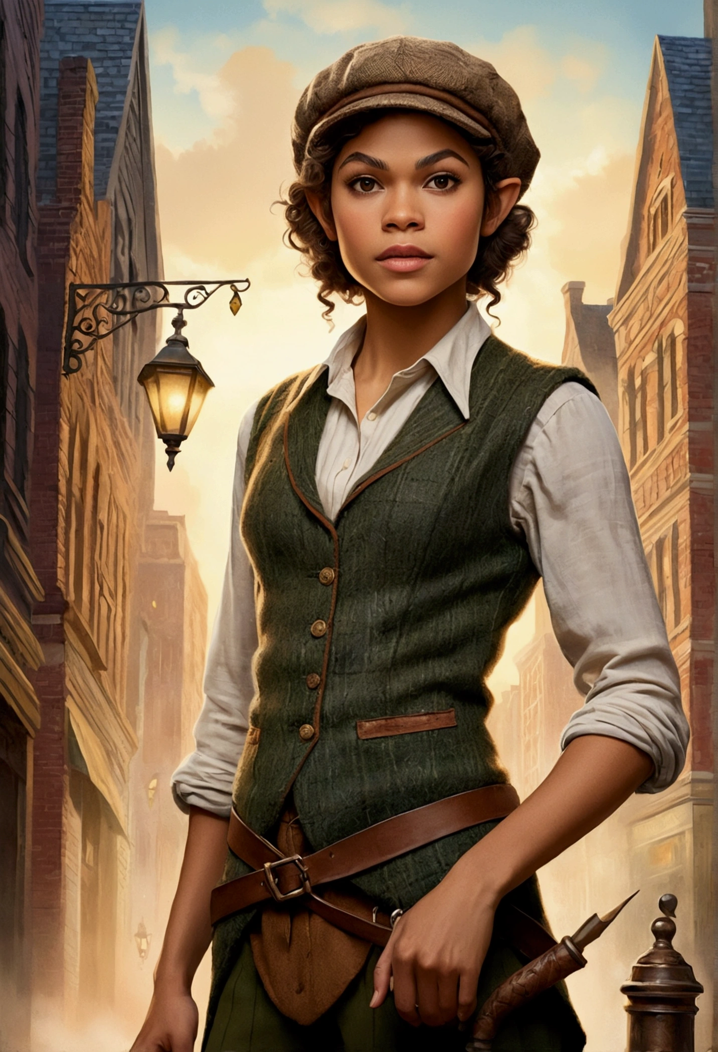 An illustrated movie poster, hand-drawn, full color, an elven maiden, wearing a tweed vest and a newsie cap, tall, toned, amazonian stature, athletic hourglass figure, long pointy elf ears, amber eyes, dark hair, curly bob cut, warm almond skintone, freckles, resembles Zendaya, standing on a foggy Victorian-era street corner, graphite shading, stencil marks, airbrushed acrylic paint, masterpiece, elf ears