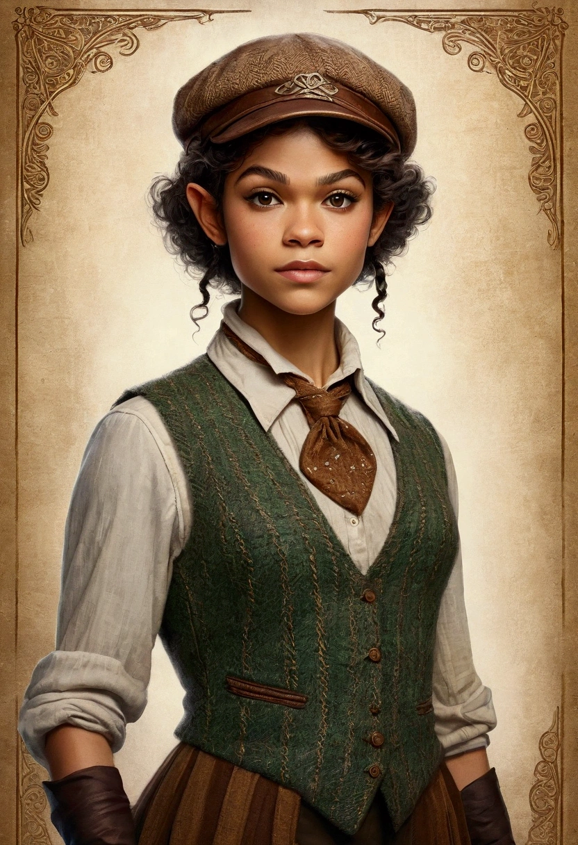 An illustrated movie poster, hand-drawn, full color, an elven maiden, wearing a tweed vest and a newsie cap, tall, toned, amazonian stature, athletic hourglass figure, long pointy elf ears, amber eyes, dark hair, curly bob cut, warm almond skintone, freckles, resembles Zendaya, standing on a foggy Victorian-era street corner, graphite shading, stencil marks, airbrushed acrylic paint, masterpiece, elf ears