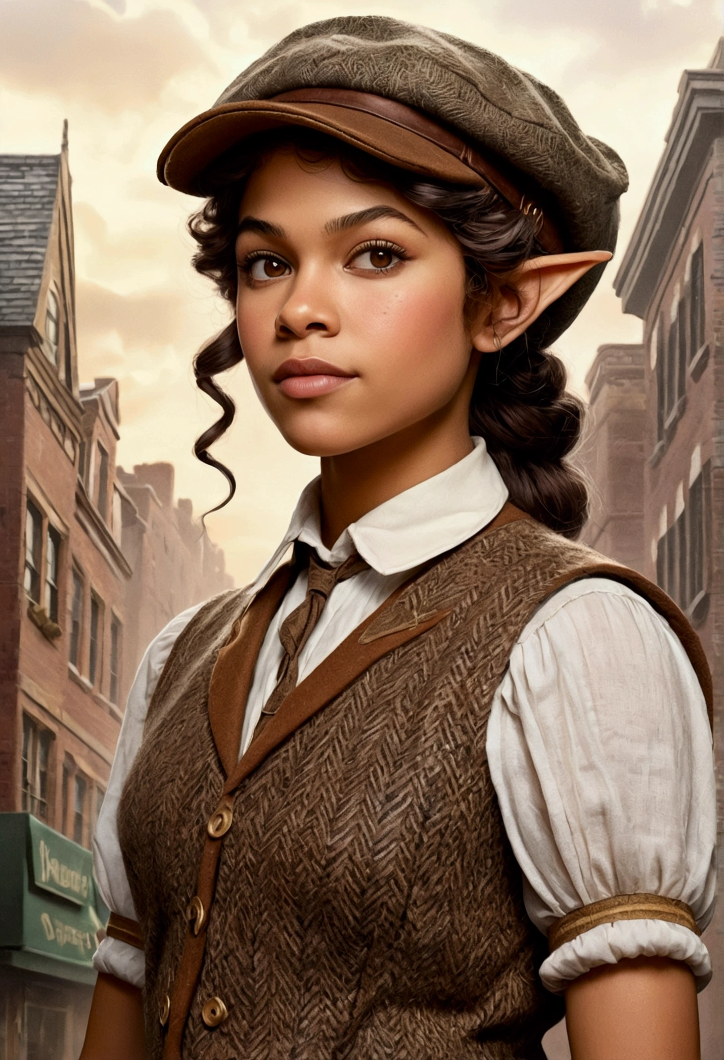 An illustrated movie poster, hand-drawn, full color, an elven maiden, wearing a tweed vest and a newsie cap, tall, toned, amazonian stature, athletic hourglass figure, long pointy elf ears, amber eyes, dark hair, curly bob cut, warm almond skintone, freckles, resembles Zendaya, standing on a foggy Victorian-era street corner, graphite shading, stencil marks, airbrushed acrylic paint, masterpiece, elf ears