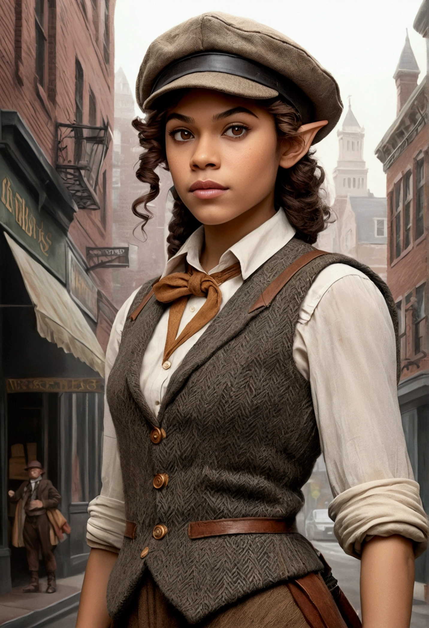 An illustrated movie poster, hand-drawn, full color, an elven maiden, wearing a tweed vest and a newsie cap, tall, toned, amazonian stature, athletic hourglass figure, long pointy elf ears, amber eyes, dark hair, curly bob cut, warm almond skintone, freckles, resembles Zendaya, standing on a foggy Victorian-era street corner, graphite shading, stencil marks, airbrushed acrylic paint, masterpiece, elf ears