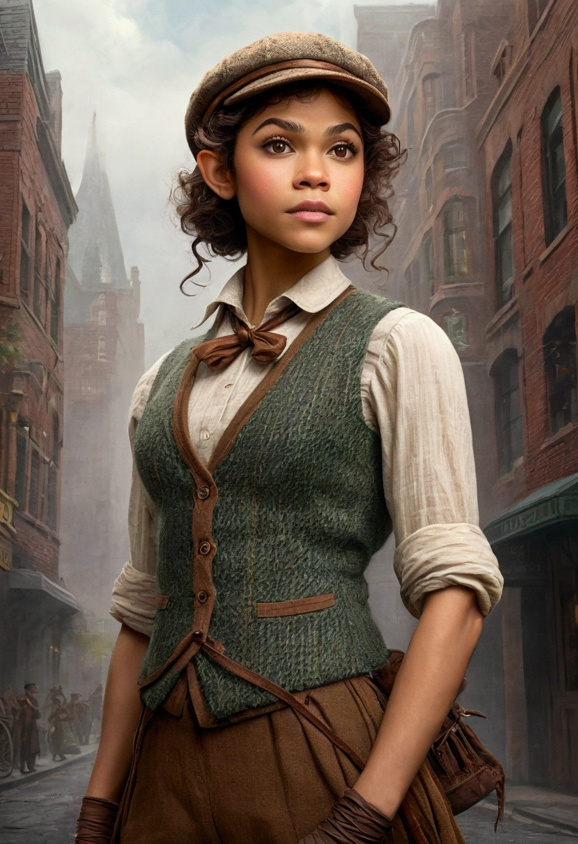 An illustrated movie poster, hand-drawn, full color, an elven maiden, wearing a tweed vest and a newsie cap, tall, toned, amazonian stature, athletic hourglass figure, long pointy elf ears, amber eyes, dark hair, curly bob cut, warm almond skintone, freckles, resembles Zendaya, standing on a foggy Victorian-era street corner, graphite shading, stencil marks, airbrushed acrylic paint, masterpiece, elf ears