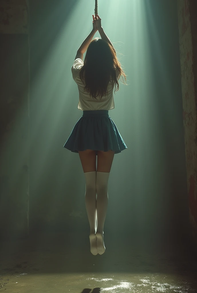 Scene of female student wearing white thigh high socks being hanged to death ,hovering in the air