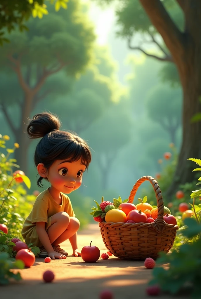 Prompt: Amina continues her journey through the forest, where she suddenly finds a beautiful basket filled with colorful fruits lying on the forest floor, as if placed there as a gift. girl 3D animated cartoon 