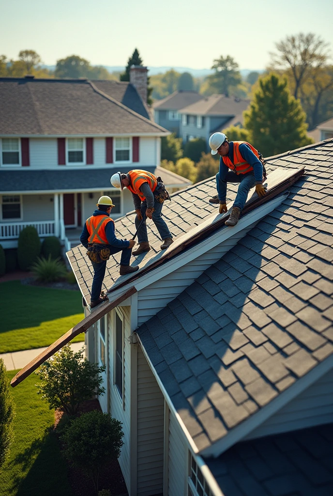 Men installing roofs on houses in the United States