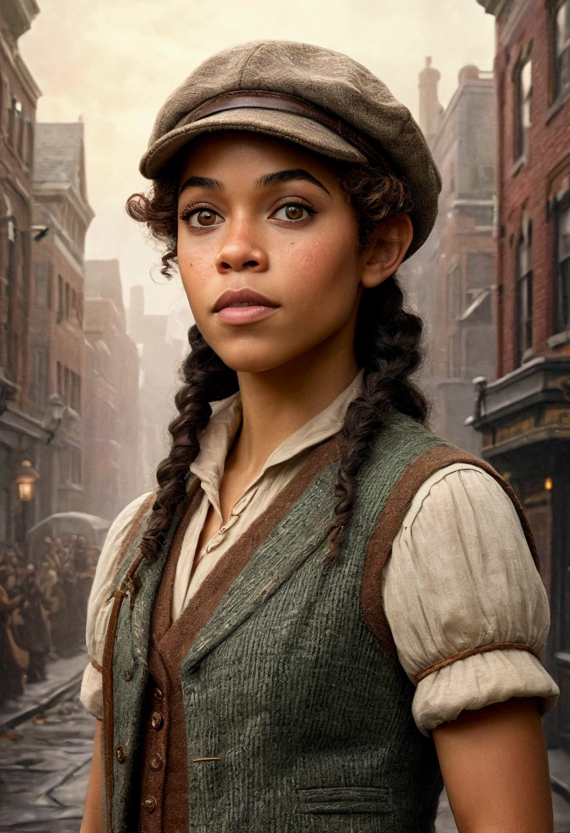 An illustrated movie poster, hand-drawn, full color, an elven maiden, wearing a tweed vest and a newsie cap, tall, toned, amazonian stature, athletic hourglass figure, long pointy elf ears, amber eyes, dark hair, curly bob cut, warm almond skintone, freckles, resembles Alexandra Shipp, standing on a foggy Victorian-era street corner, graphite shading, stencil marks, airbrushed acrylic paint, masterpiece, elf ears