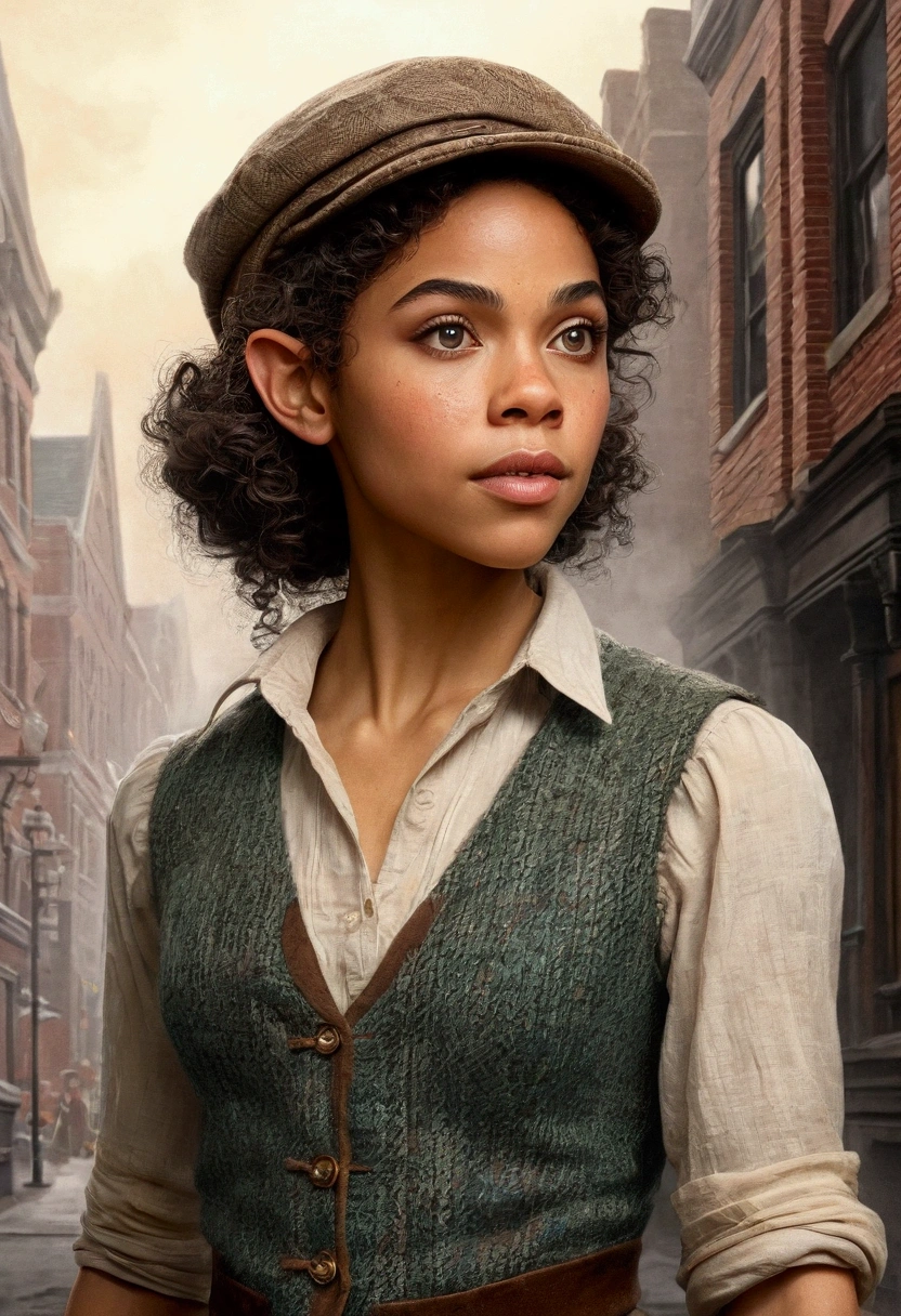 An illustrated movie poster, hand-drawn, full color, an elven maiden, wearing a tweed vest and a newsie cap, tall, toned, amazonian stature, athletic hourglass figure, long pointy elf ears, amber eyes, dark hair, curly bob cut, warm almond skintone, freckles, resembles Alexandra Shipp, standing on a foggy Victorian-era street corner, graphite shading, stencil marks, airbrushed acrylic paint, masterpiece, elf ears
