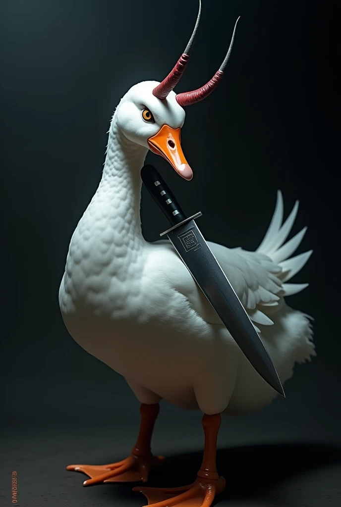 Serious Japanese style goose with knife, devil horns on head on dark background
