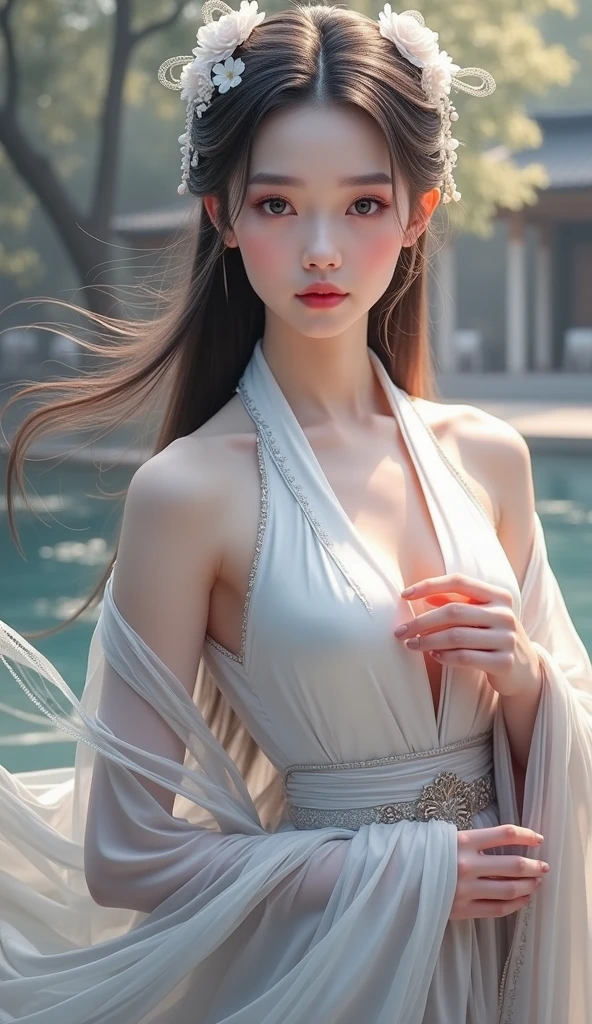 a close up of a woman in a dress near a body of water, ethereal beauty, white hanfu, ao dai, palace , a girl in hanfu, cheongsam, wearing a luxurious silk cloak, a stunning young ethereal figure, wearing beautiful clothes, beautiful goddess, detailed dress and face, ruan jia beautiful!, chinese dress, with acient chinese clothes