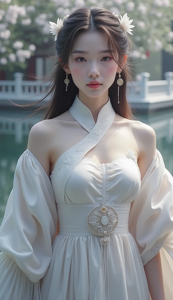 a close up of a woman in a dress near a body of water, ethereal beauty, white hanfu, ao dai, palace ， a girl in hanfu, cheongsam, wearing a luxurious silk cloak, a stunning young ethereal figure, wearing beautiful clothes, beautiful goddess, detailed dress and face, ruan jia beautiful!, chinese dress, with acient chinese clothes